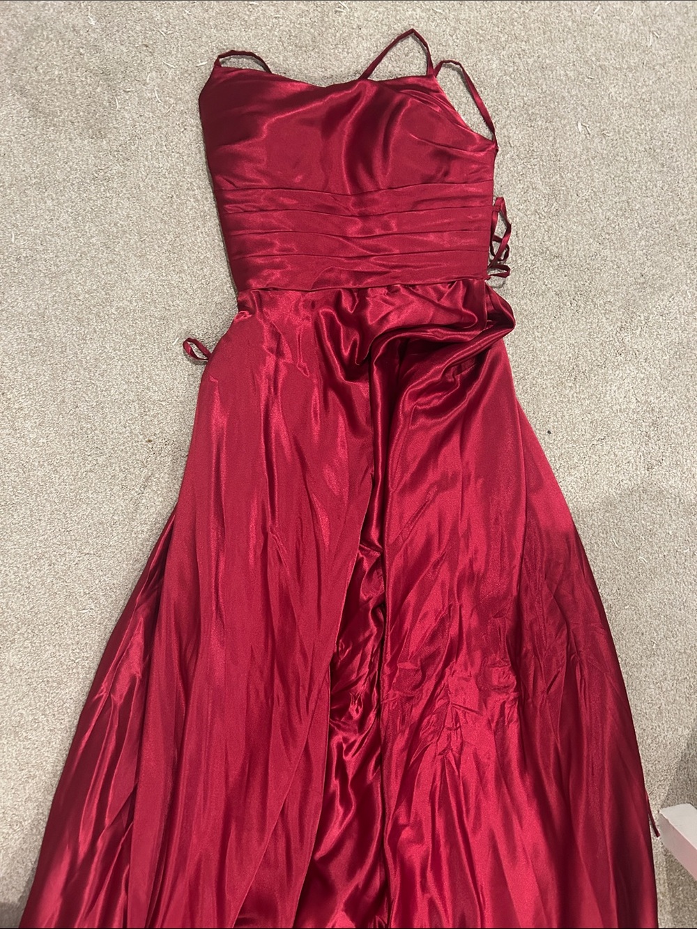 STACEES Red Satin Spaghetti Strap Evening Gown